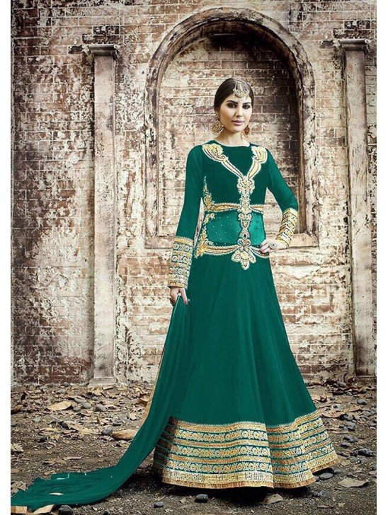 GREEN SAFEENA HOT LADY EMBROIDERED ANARKALI SUIT