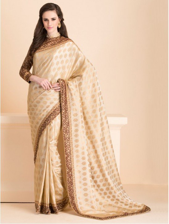 ZACS-17 SUBTLE BEIGE SAREE WITH A JACKET STYLE FULL SLEEVES BLOUSE (READY MADE)
