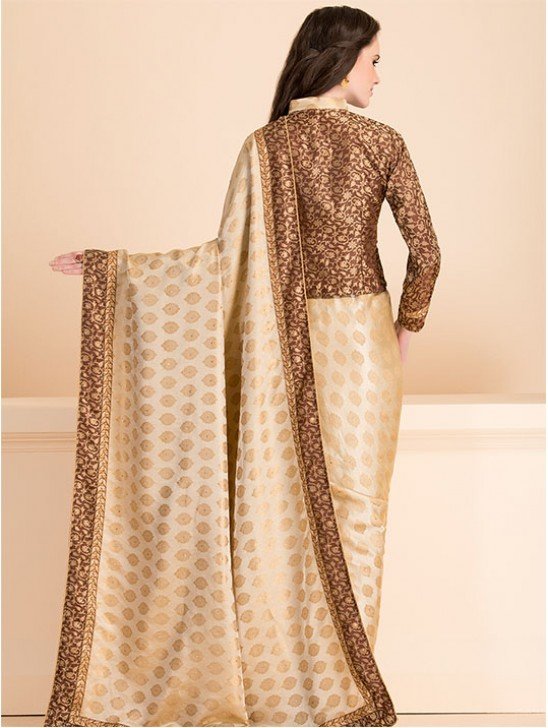 ZACS-17 SUBTLE BEIGE SAREE WITH A JACKET STYLE FULL SLEEVES BLOUSE (READY MADE)