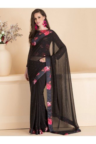 ACS-13 BLACK FLORAL EMBELLISHED SAREE WITH READY STITCHED BLOUSE