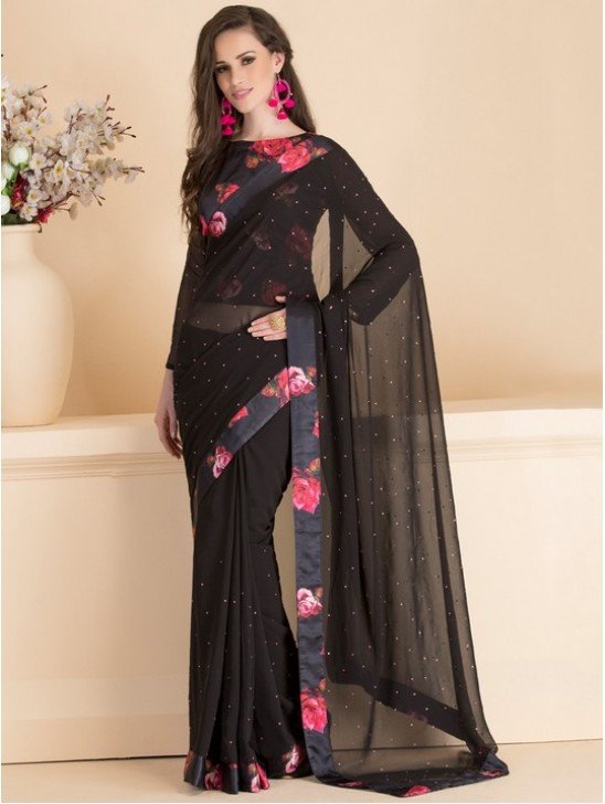 ACS-13 BLACK FLORAL EMBELLISHED SAREE WITH READY STITCHED BLOUSE