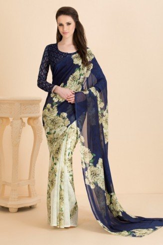BISCAY GREEN CLASSIC BLUE  CASUAL FLORAL PRINTED SEMI STITCHED SAREE AND BLOUSE 