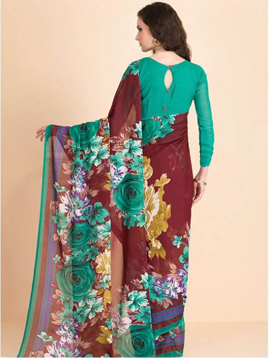 ACS-05 RAMA GREEN FLORAL PRINTED FULL SLEEVE BLOUSE UNSTITCHED SAREE