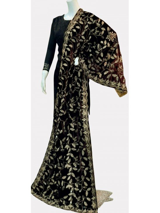 Choco Brown Heavy Embroidered Winter Velvet Shawl