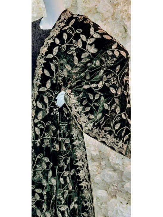 Khaki Green Embroidered Pakistani Velvet Shawl