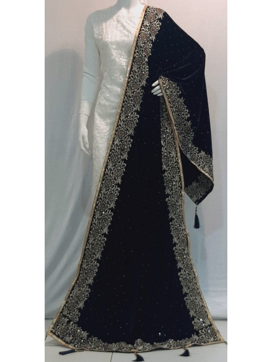 Navy Blue Luxury Velvet Embroidered Shawl