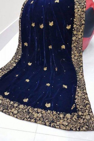 Long Blue Embroidered Velvet Shawl