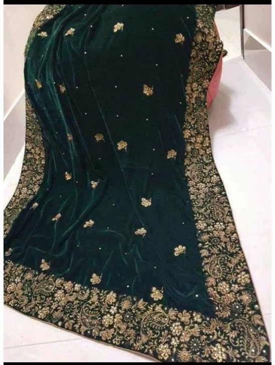 Long Green Embroidered Velvet Shawl