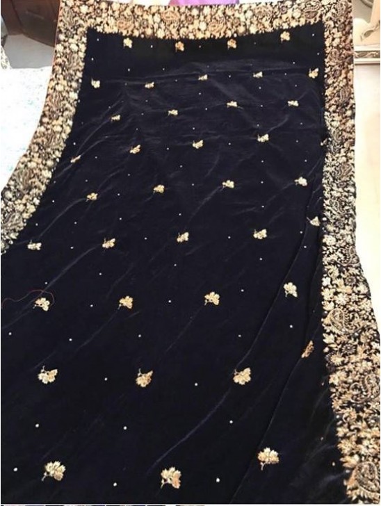 Long Black Embroidered Velvet Shawl