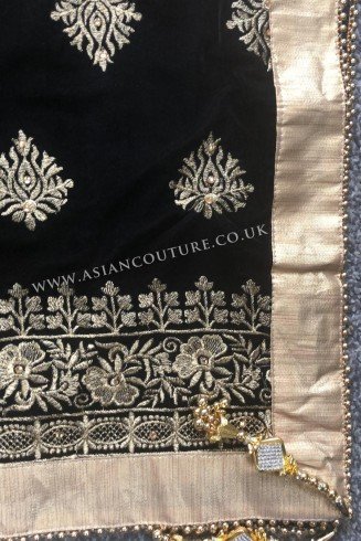 Royal Black Heavy Diamonte Embroidered Velvet Shawl