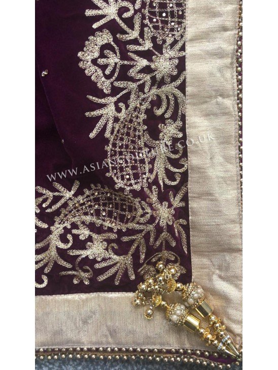 Plum Embroidered Winter Shawl in Micro Velvet