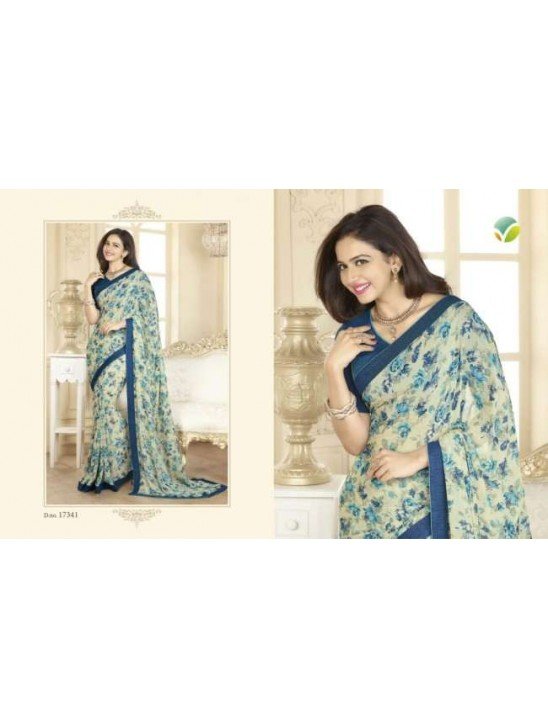 Teal Blue Printed Saree Designer Material