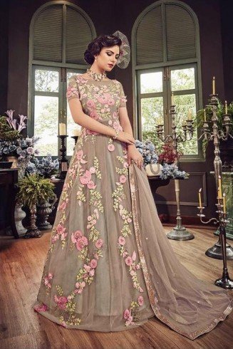 GREY HEAVY EMBROIDERED INDIAN WEDDING & EVENING GOWN 