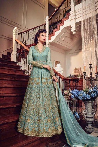 TURQUOISE BLUE HEAVY EMBROIDERED INDIAN WEDDING SLIT STYLE GOWN
