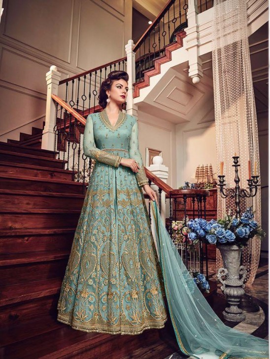 TURQUOISE BLUE HEAVY EMBROIDERED INDIAN WEDDING SLIT STYLE GOWN