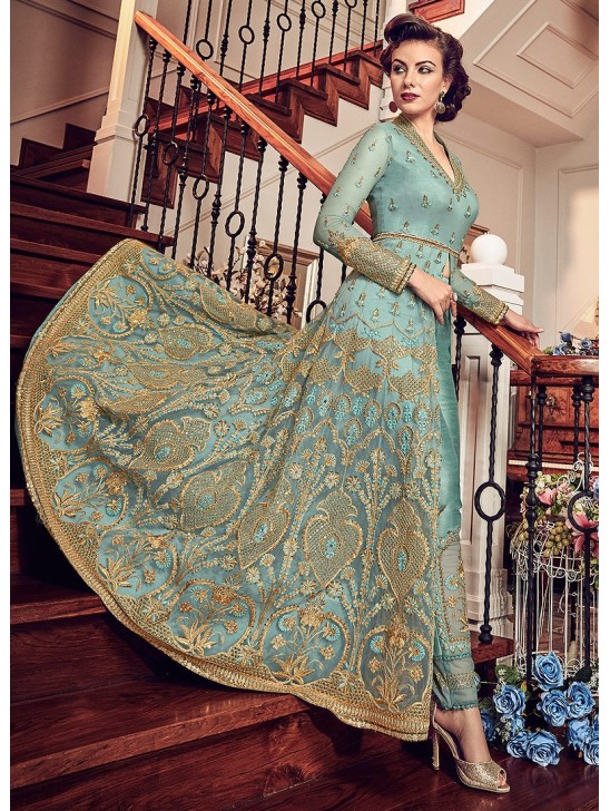 TURQUOISE BLUE HEAVY EMBROIDERED INDIAN WEDDING SLIT STYLE GOWN