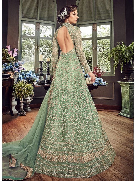 SAGE GREEN HEAVY EMBROIDERED INDIAN WEDDING & EVENING GOWN