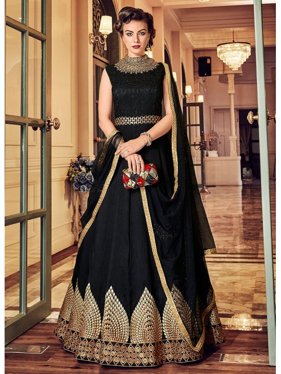 BLACK HEAVY EMBROIDERED INDIAN WEDDING & EVENING GOWN