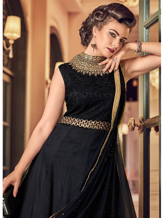 BLACK HEAVY EMBROIDERED INDIAN WEDDING & EVENING GOWN