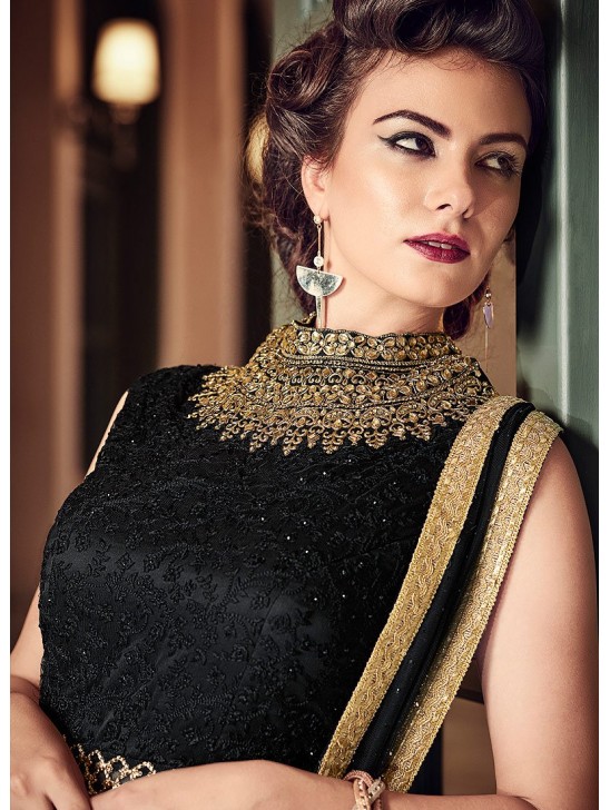 BLACK HEAVY EMBROIDERED INDIAN WEDDING & EVENING GOWN