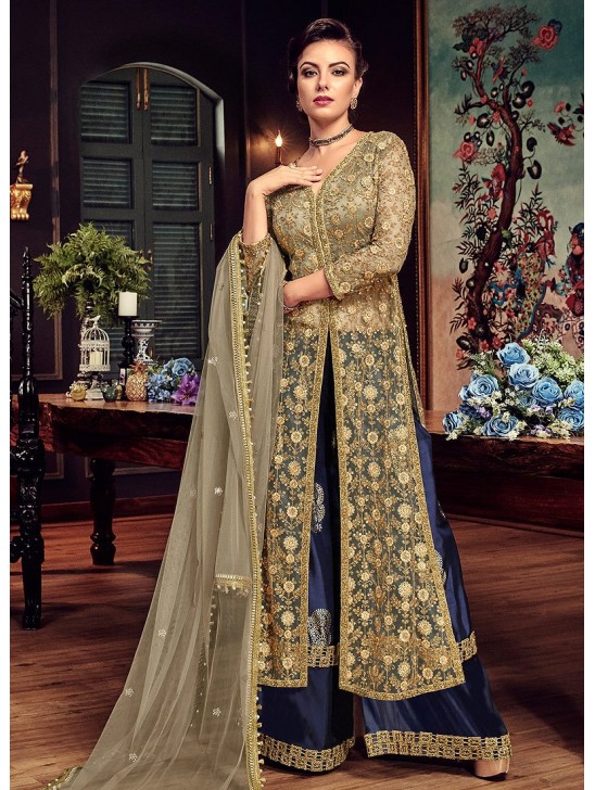 BEIGE AND BLUE HEAVY EMBROIDERED INDIAN WEDDING PALAZZO DRESS