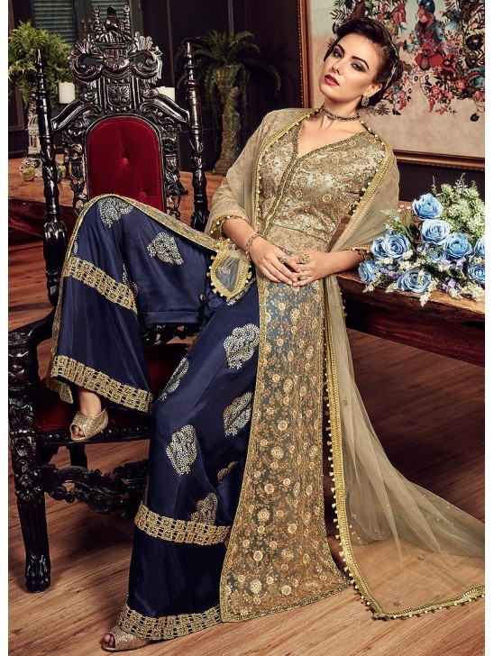 BEIGE AND BLUE HEAVY EMBROIDERED INDIAN WEDDING PALAZZO DRESS