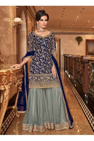 Blue and Grey Embroidered Gharara Suit