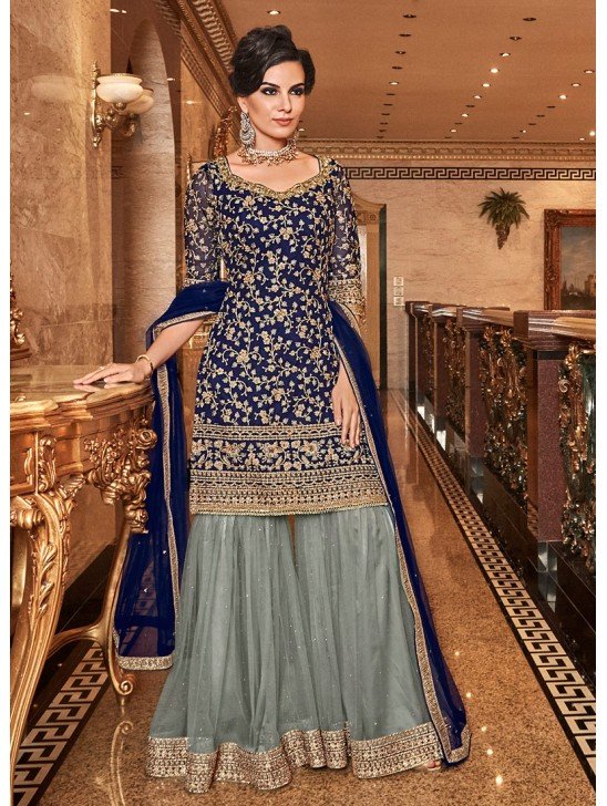 Blue and Grey Embroidered Gharara Suit
