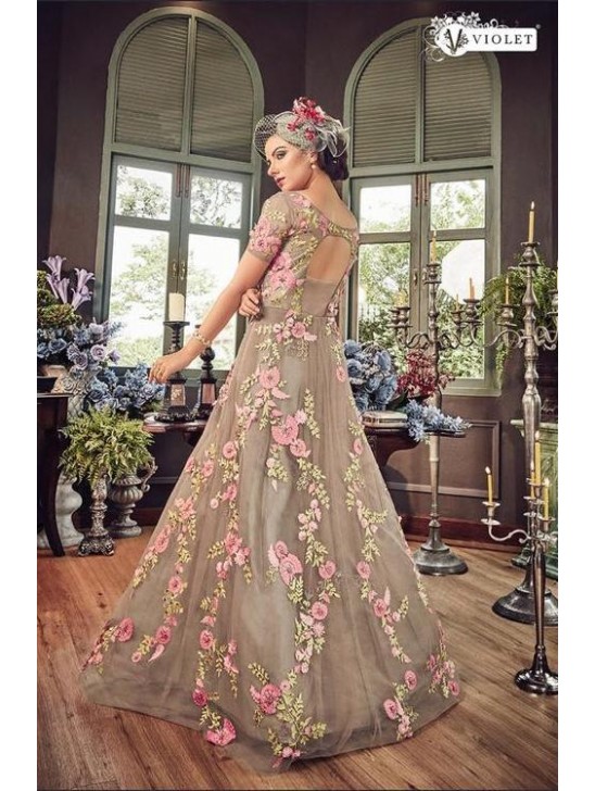 GREY HEAVY EMBROIDERED INDIAN WEDDING & EVENING GOWN