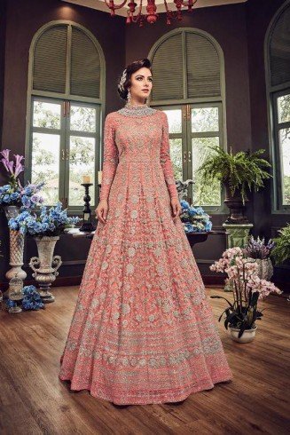 CORAL PINK LUXURY HEAVY EMBROIDERED INDIAN WEDDING BRIDAL GOWN