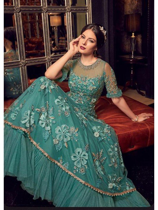 TURQUOISE PARTY WEAR HEAVY WORK DESIGNER ANARKALI GOWN