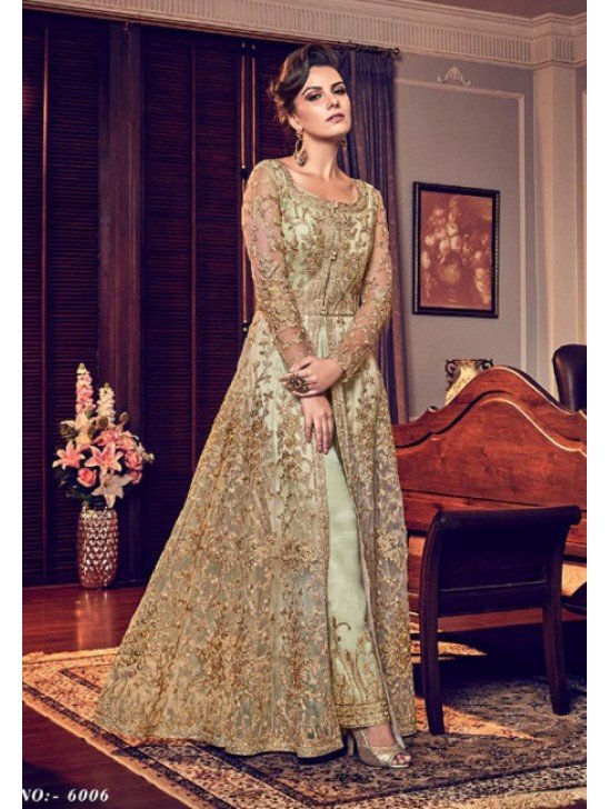 GREEN HEAVY EMBROIDERED INDIAN WEDDING SLIT STYLE NET DRESS