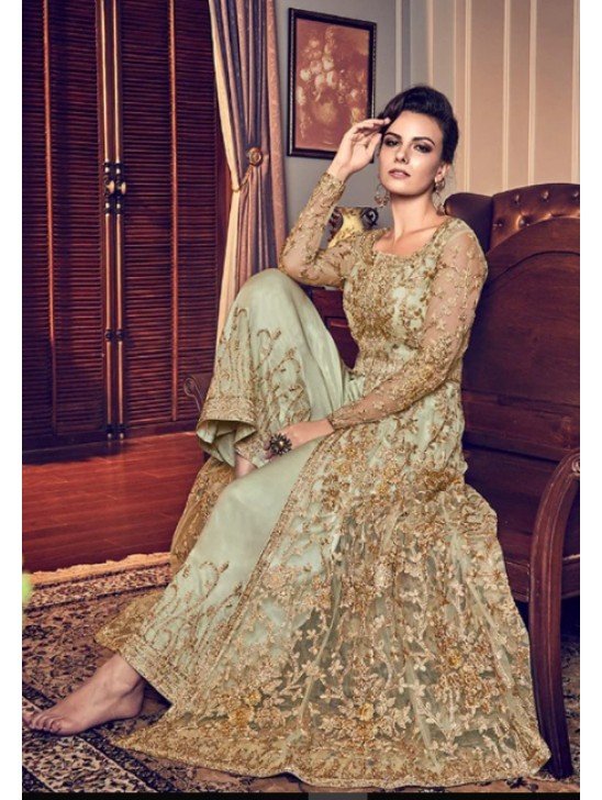 GREEN HEAVY EMBROIDERED INDIAN WEDDING SLIT STYLE NET DRESS