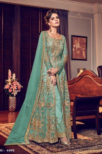 TEAL GREEN INDIAN HEAVY EMBROIDERED PARTY WEAR SLIT DRESS