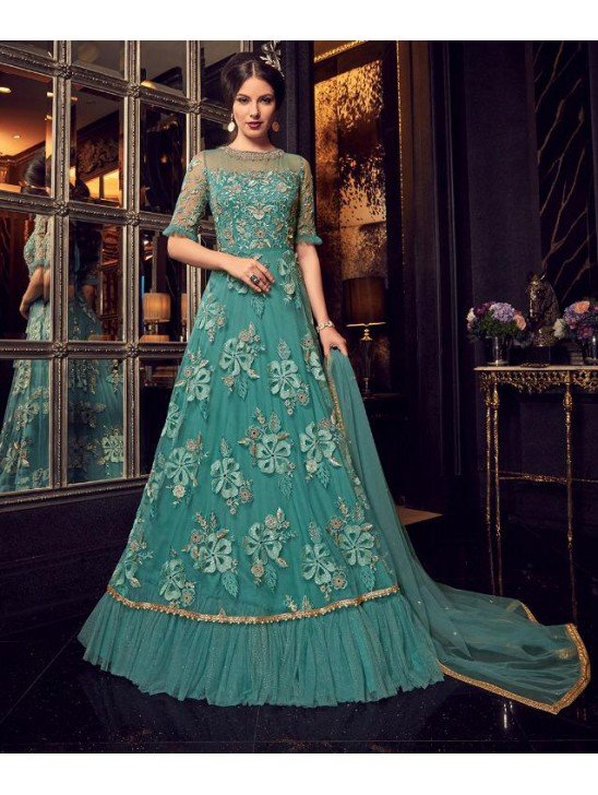 TURQUOISE PARTY WEAR HEAVY WORK DESIGNER ANARKALI GOWN