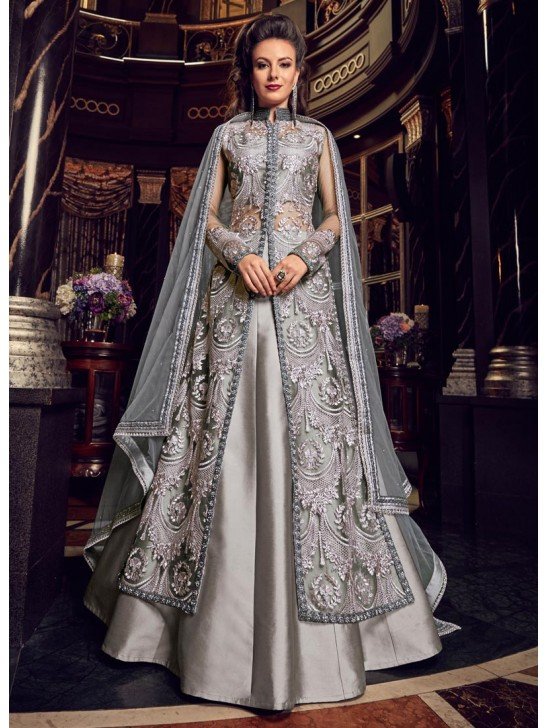 Silver Net Floor Length Wedding Anarkali Dress
