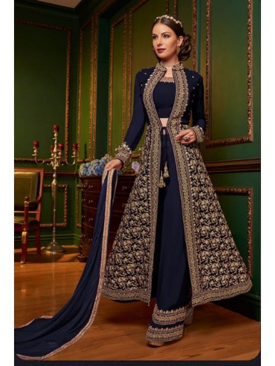 Navy Blue Maxi Gown Indian Palazzo Party Suit