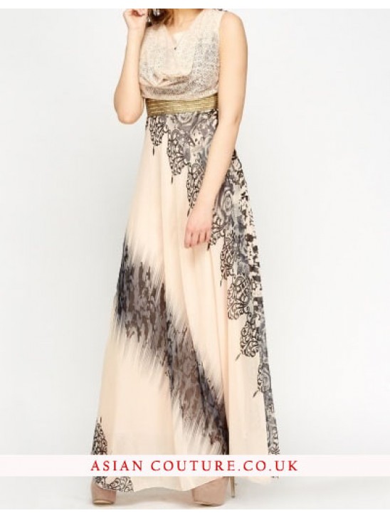 Stunning Cowl Neck Mix Print Maxi Dress