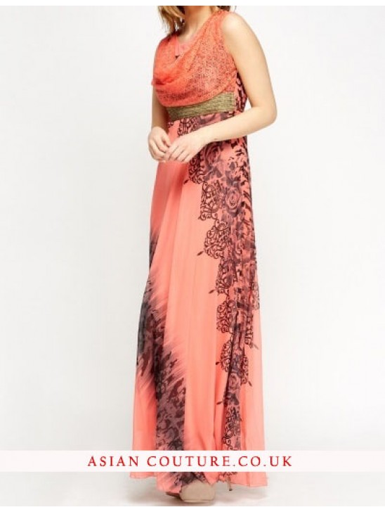 Stunning Cowl Neck Mix Print Maxi Dress