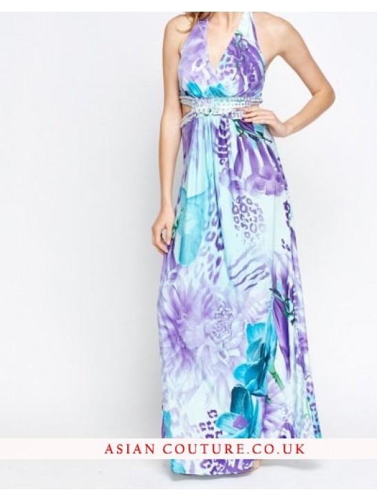 Lovely Encrusted Open Back Printed Maxi Dress