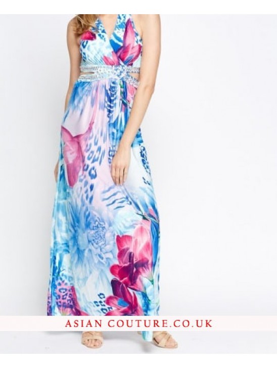 Lovely Encrusted Open Back Printed Maxi Dress