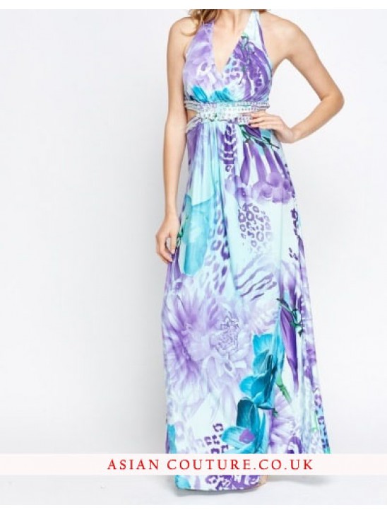 Lovely Encrusted Open Back Printed Maxi Dress