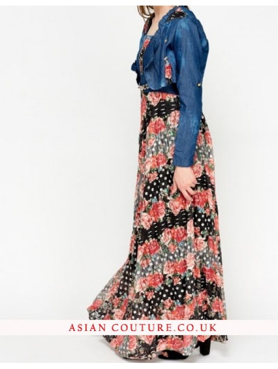 Stunning Floral Denim Bolero Maxi Dress