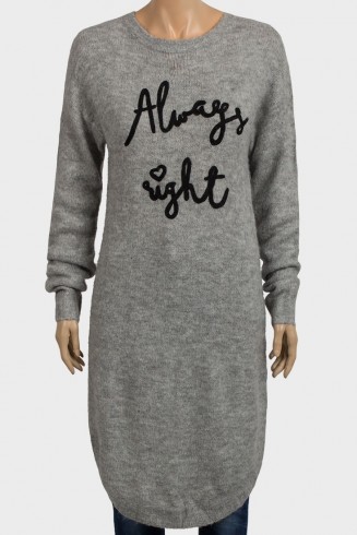 Grey Designer Slogan Jumper Dress