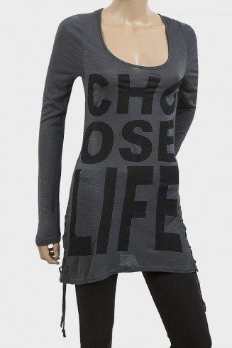 Gunmetal Grey Designer Ladies Slogan Long Top