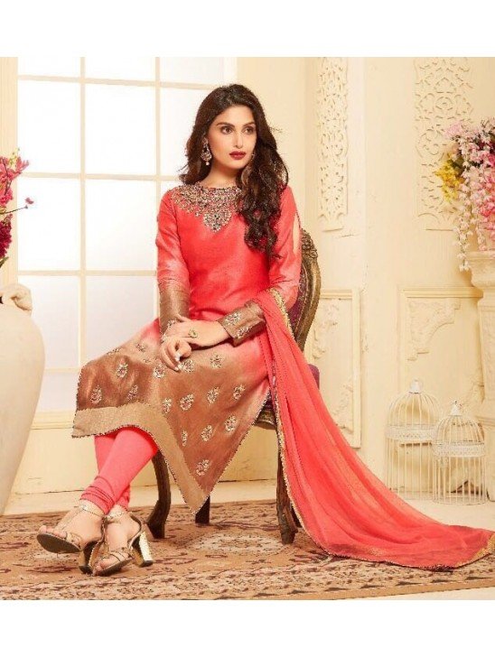 CORAL PINK AND BEIGE TWO TONE EMBROIDERED READY MADE SALWAR SUIT