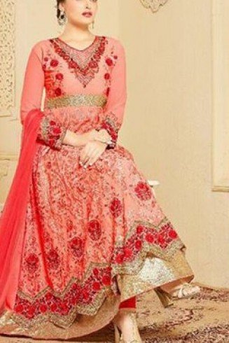 Indian Maxi Coral Peach Party Evening Wedding Anarkali Suit (Ready Made XXL )