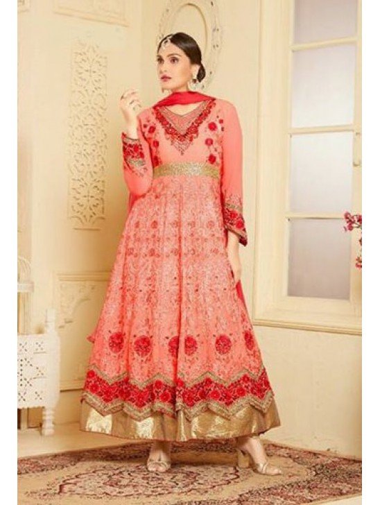 Indian Maxi Coral Peach Party Evening Wedding Anarkali Suit (Ready Made XXL )