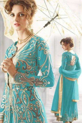 Turquoise Indian Anarkali Embroidered Wedding Suit