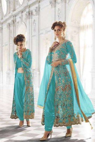 Turquoise Indian Anarkali Embroidered Wedding Suit